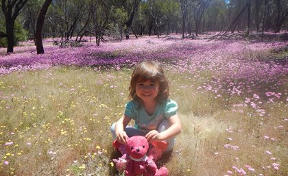 Grace Fulton, at age six, is possibly Australia's youngest published scientist. Grace Fulton sits with a stuffed toy in a field of colourful flowers